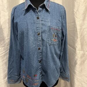 2007- Christopher & Banks Blue Embroidered Denim Button Shirt Walk The Dog  XL